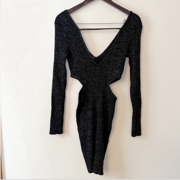 OPEN EDIT Sparkle Cutout Sweater Mini Dress Black/Silver Size Medium NEW - Picture 4 of 10